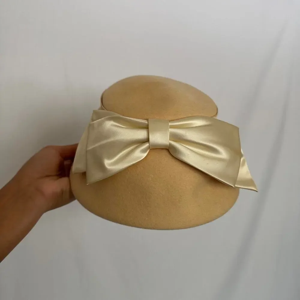 Vintage 1940s Wool Hat White Satin Bow Union Bridal